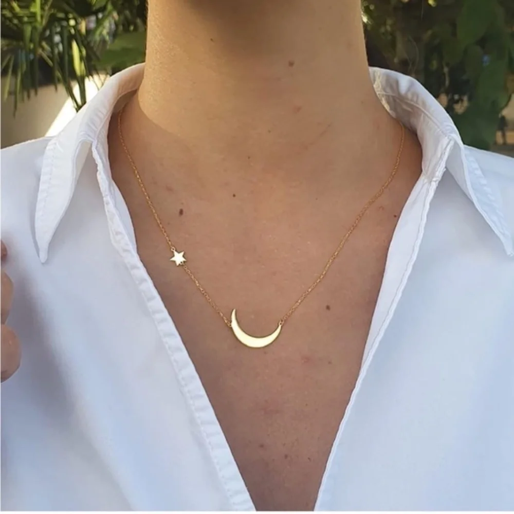 Gold 14k Gold Plated Moon & Star Chain Necklace